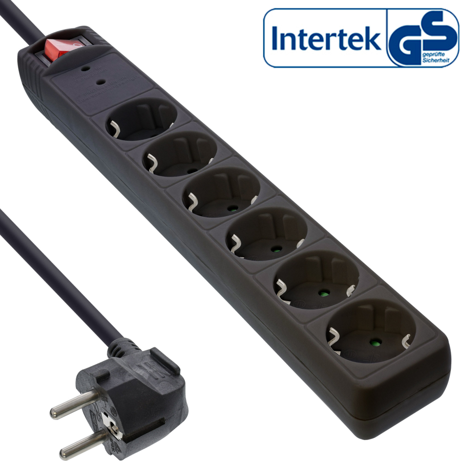 InLine Multipresa 6x Shucko, con interruttore, protezione, nero, 1,5m, nero