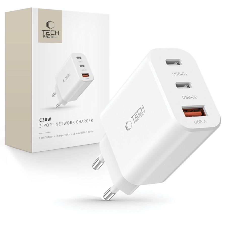 Tech-Protect NC30W charger 2x USB-C PD 30W / USB-A QC 3.0 - white