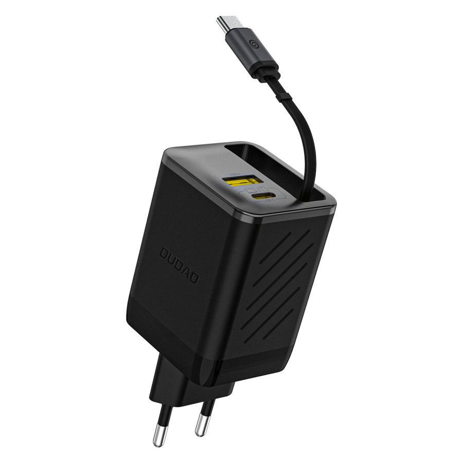 Caricatore da muro Dudao A67EU GaN 67W con cavo di ricarica rapida USB-C retrattile integrato - Nero