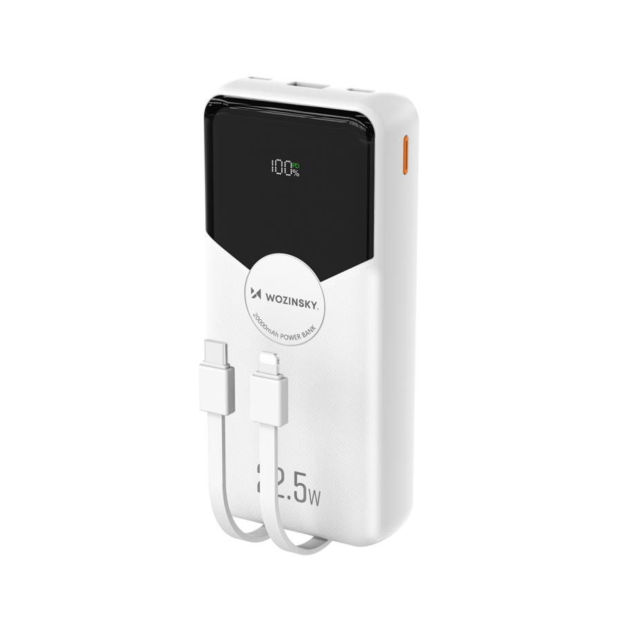 Wozinsky WFC-15W 20000mAh 22,5W PD20W Powerbank con cavi Lightning e USB-C integrati - Bianco