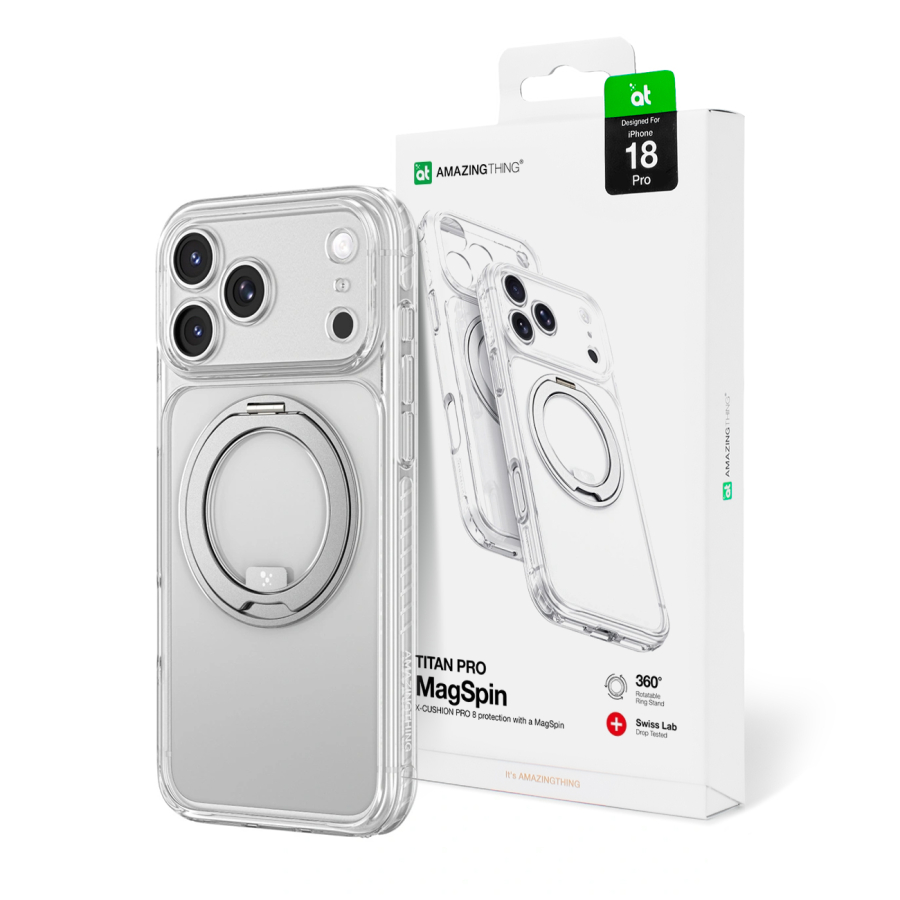 AmazingThing Titan Pro Spin Lens Custodia per iPhone 18 Pro con anello rotante e supporto per cordino, compatibile con MagSafe - Trasparente