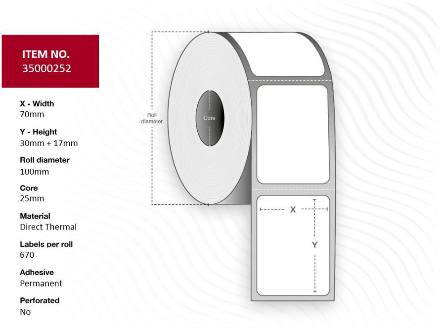 Capture 35000252 Label 70x30x17 - Core 25. Diameter 100mm, White. Uncoated. DT. Permanent. 670 labels per roll. 4 rolls per box. Black Mark
