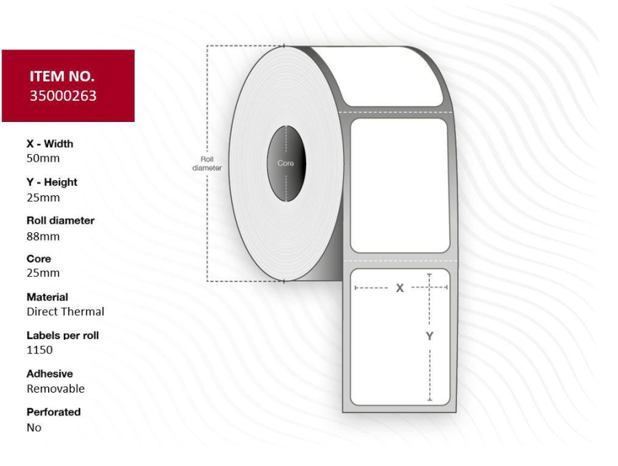Capture 35000263 Label 50x25 - Core 25. Diameter 88mm, White. Premium. DT. Removable, No perforation. 1.150 labels per roll. 4 rolls per box. Black Mark