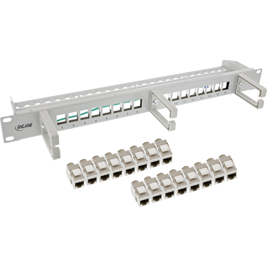 InLine Patch panel Cat.6A 16 vie, con 3 staffe, 16 tasti, 19", 1U, grigio