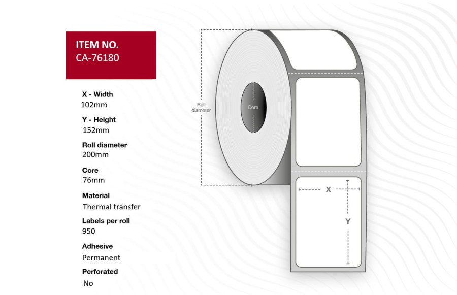 Capture CA-76180 Label 102 x 152mm, Core 76mm, Thermal Transfer, Uncoated, Permanent, No perforation, 950 labels per roll, 4 rolls per box