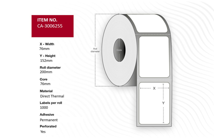 Capture CA-3006255 Label 76 x 152mm, Core 76mm, Direct Thermal, Uncoated, Permanent, Perforated, 1000 labels per roll, 6 rolls per box