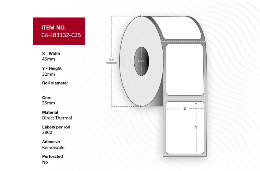 Capture CA-LB3132-C25 Label 45 x 32mm, Core 25mm, Direct Thermal, Coated, Permanent adhesive, No perforation, 2800 labels per roll, 10 rolls per box.