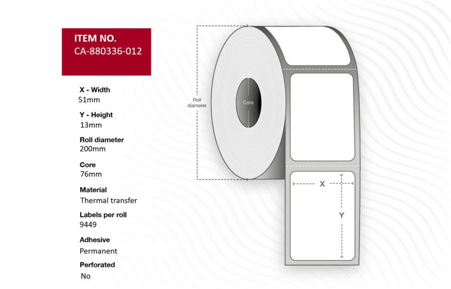 Capture CA-880336-012 Label 51 x 13mm, Core 76mm, Thermal Transfer, Polyester, Permanent, No perforation, 9449 labels per roll, 10 rolls per box