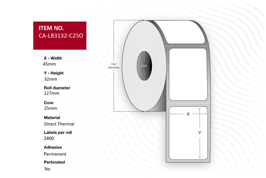 Capture CA-LB3132-C25O Orange label 45 x 32mm, Core 25mm, Direct Thermal, Coated, Permanent, 127mm outer diameter, 2mm Gap, No perforation, 2800 labels per roll, 10 rolls per box.