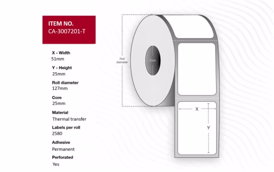 Capture CA-3007201-T Label 51 x 25mm, Core 25mm, Thermal Transfer, Coated, Permanent, Perforated, 2580 labels per roll, 8 rolls per box