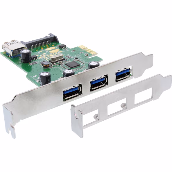 Scheda USB 3.0, 3x esterne, 1x interne, PCIe ( PCI-Express ), alimentazione SATA Power, Staffa Low profile inclusa, Renesas Chip