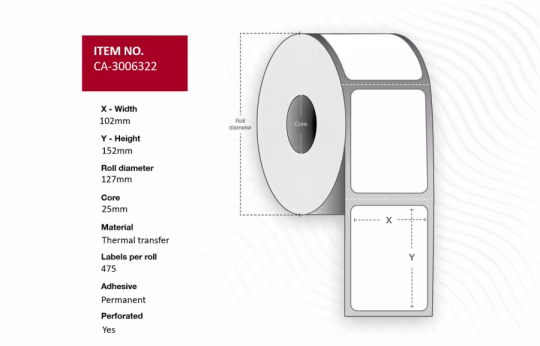 Capture CA-3006322 Label 102 x 152mm, Core 25mm, Thermal Transfer, Coated, Permanent, Perforated, 475 labels per roll, 12 rolls per box