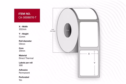Capture CA-3008870-T Label 102 x 51mm, Core 19mm, Outside diameter 59mm, Direct thermal, Uncoated, Permanent, Perforation. 300 labels per roll, 16 rolls per box.
